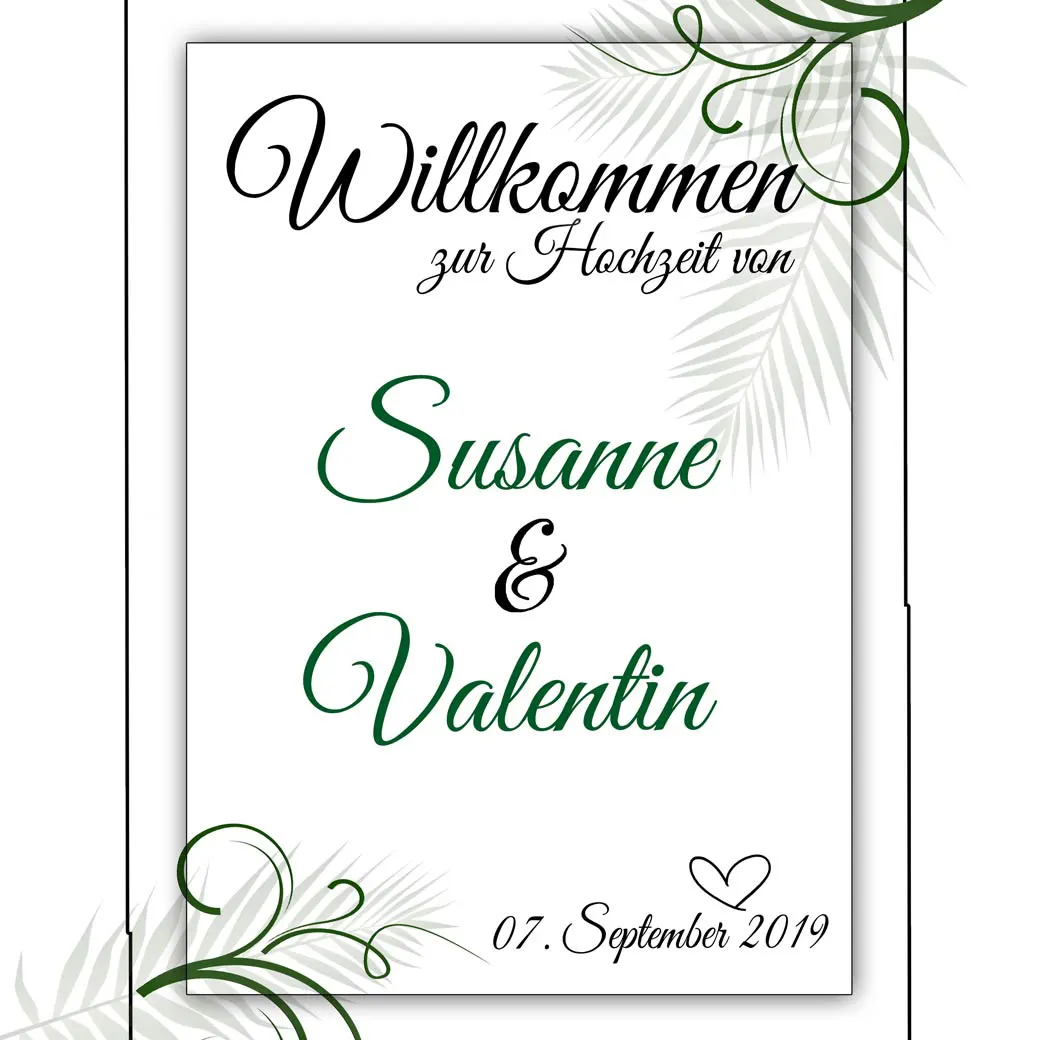 Schild oder Poster Willkommen zur Hochzeit - Palmenblätter