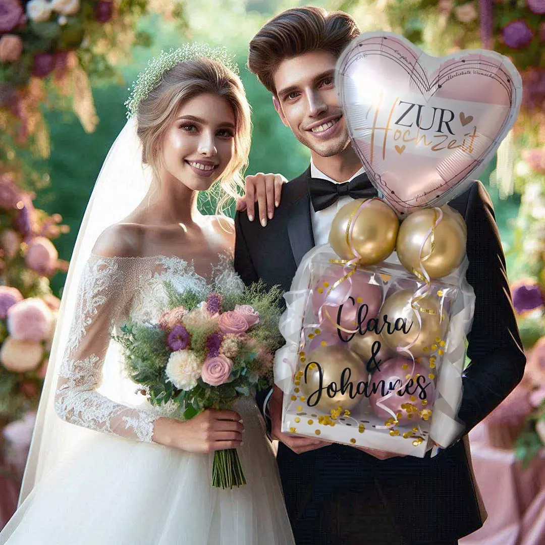 Ballongeschenk für ein Brautpaar in einer stilvollen Geschenkbox, gestaltet in Wunschfarben, mit personalisiertem Wunschtext und verschiedenen Motiven.