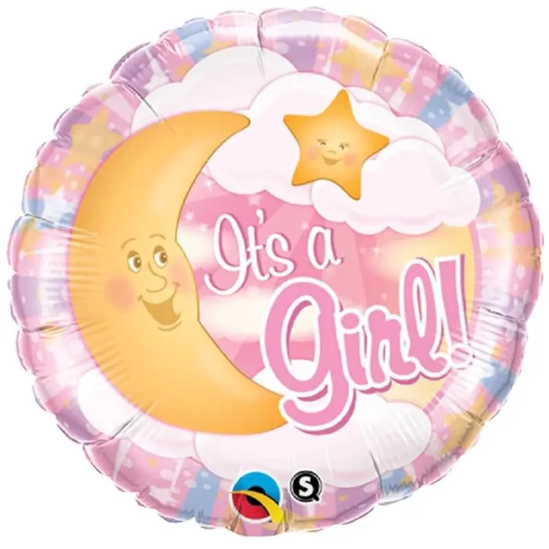 Folienballon It's a Girl Mond – Wunderschöner Folienballon in Form eines Mondes mit der Aufschrift „It's a Girl“, perfekt zur Feier von Mädchen-Babypartys oder zur Begrüßung eines neugeborenen Mädchens.