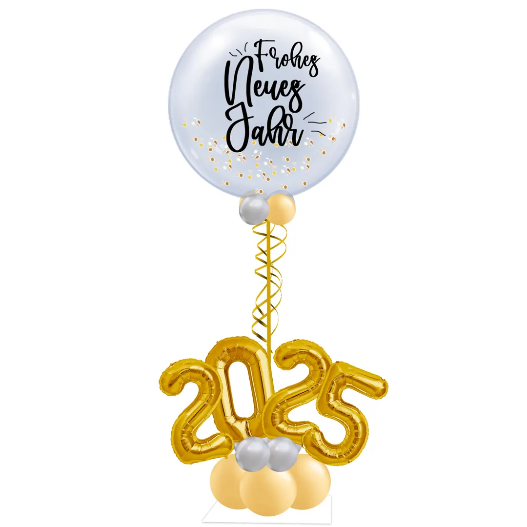 Ballon-Arrangement "Frohes Neues Jahr" mit einem transparenten Bubble-Ballon, individuell beschriftet, und einer goldenen Jahreszahl am Fuß des Arrangements. Gesamthöhe ca. 1,3 m. Perfekte Deko oder Geschenkidee für Silvester und Neujahr.