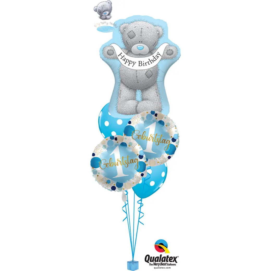 Fröhliches Ballon-Bouquet mit Tatty Teddy für den 1. Geburtstag, ideal als Geschenk oder Dekoration zur Feier des ersten Jahrestages.