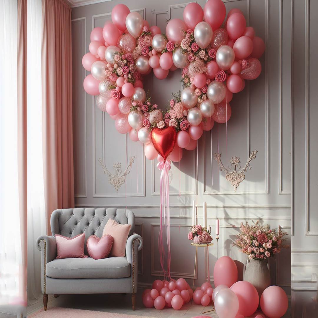 Bild eines romantischen Ballonherzens, perfekt für den Valentinstag oder einen Heiratsantrag. Dieses zauberhafte Herz symbolisiert Liebe und Verbundenheit. Dekoservice für besondere Anlässe.