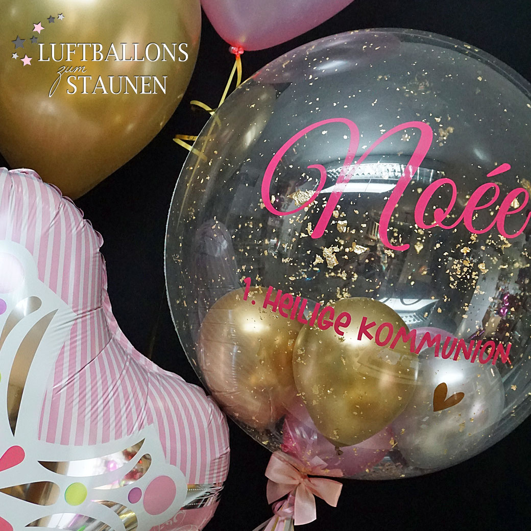 Ein besonderes Bubble-Bouquet für feierliche Anlässe wie Kommunion, Konfirmation, Jugendweihe oder Taufe. Inklusive Bubble mit individuellem Wunschtext, XXL-Kreuz und 2 Helium-Latexballons.