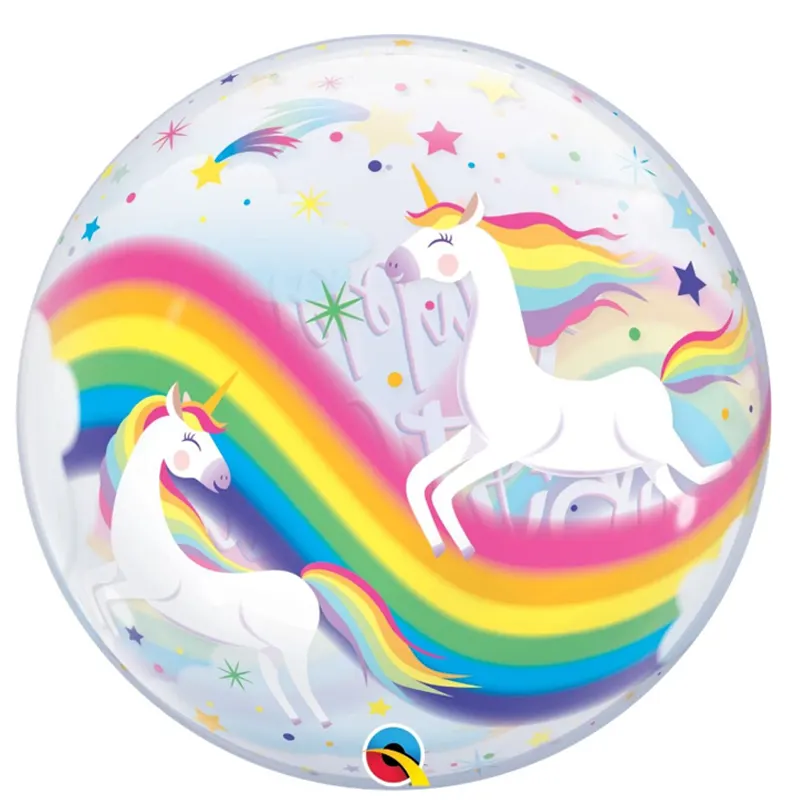 Fröhlicher Bubble-Ballon mit Einhorn-Motiv und der Aufschrift "Happy Birthday", perfekt für eine unvergessliche Geburtstagsparty.