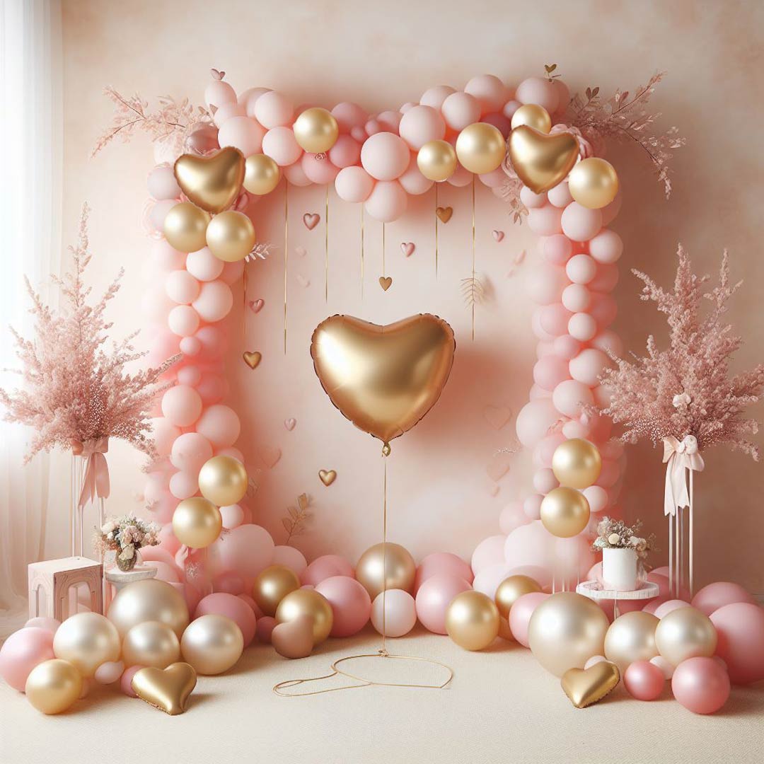 Bild eines zauberhaften Ballonbogens in Rosa-Gold, perfekt für den Valentinstag oder einen Heiratsantrag. Dieser liebevoll gestaltete Bogen verleiht jedem besonderen Moment einen Hauch von Magie und Romantik. Dekoservice für besondere Anlässe