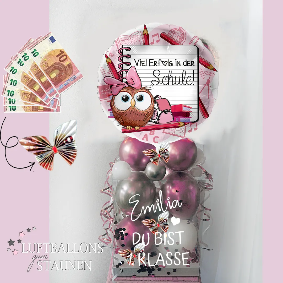 Bunte Ballon-Geschenk-Box "Viel Erfolg in der Schule" zur Einschulung, ideal als Geschenk für den Schulstart mit fröhlichen Motiven und Dekoration.