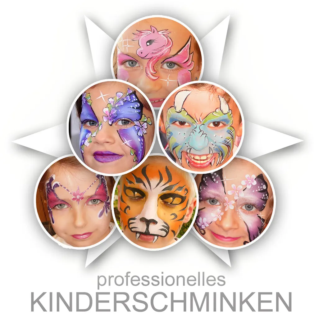 Kinderschminken Bilder-Collage – Eine Sammlung von bunten Kinderschmink-Motiven, die die Vielfalt und Kreativität unserer Designs auf einen Blick zeigt.