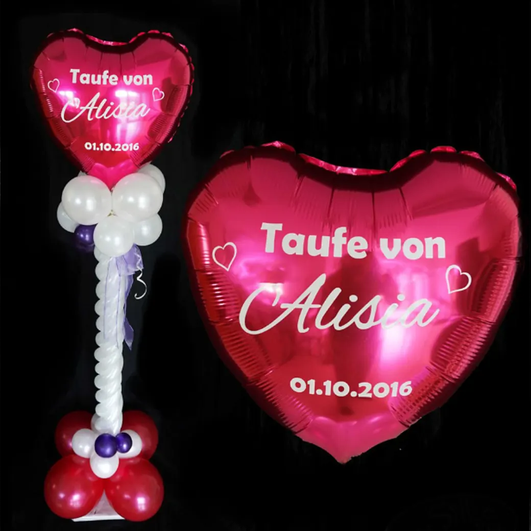 Personalisierte Ballon Glückwunsch-Säule für Geburt oder Taufe, festlich dekoriert und ideal, um besondere Momente zu feiern.