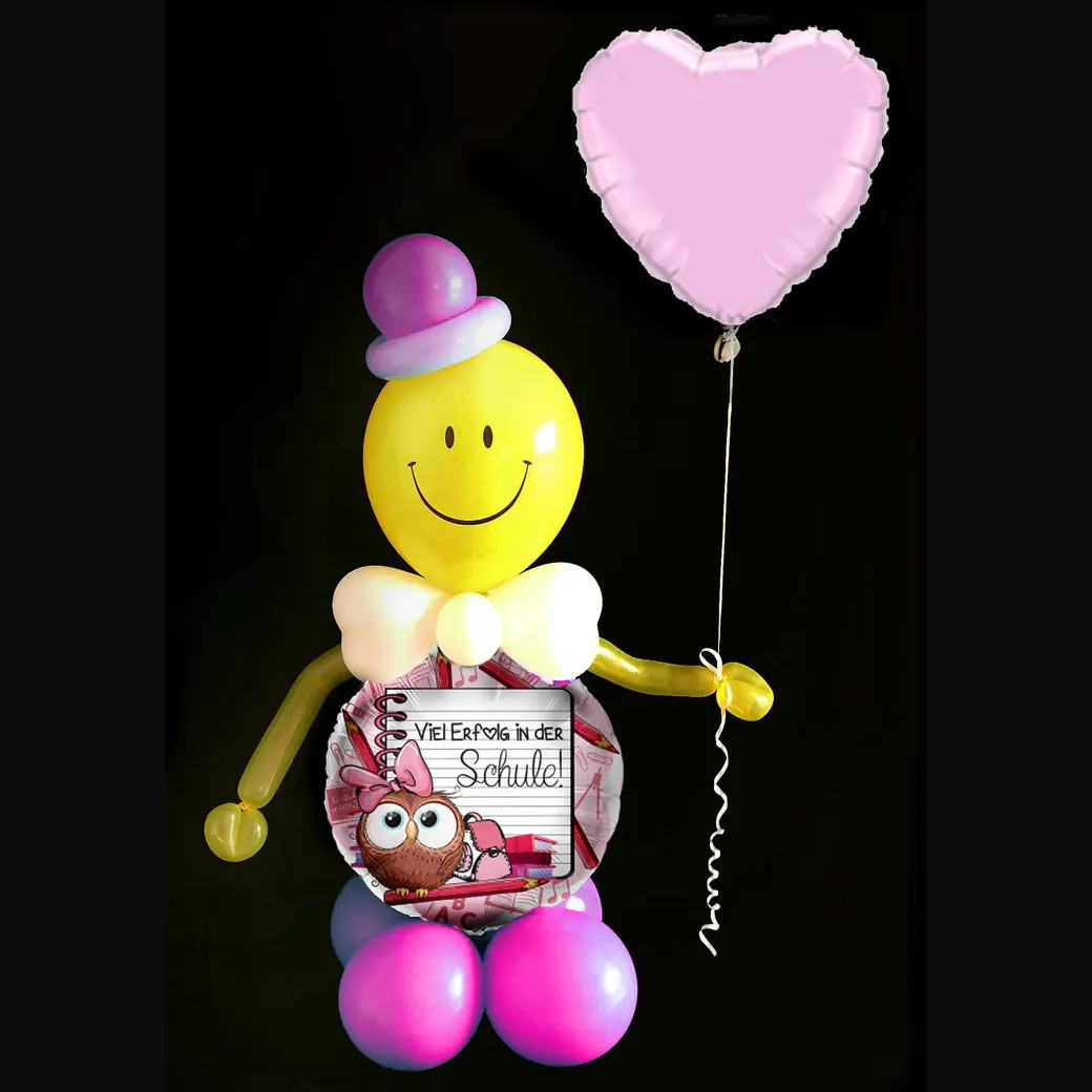 Bunter Geschenkballon mit einem fröhlichen Smiley-Gesicht, ideal für den Schulanfang und zur Feier des neuen Schuljahres.