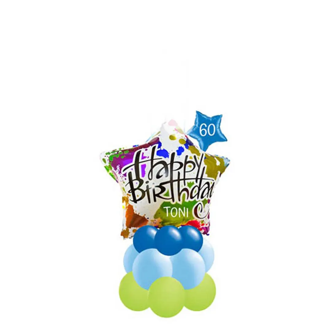 Festliches Stern-Ballon-Arrangement mit der Aufschrift "Happy Birthday", ideal für Geburtstagsfeiern. Ein strahlendes Highlight, das den besonderen Tag noch unvergesslicher macht. Perfekt als Dekoration oder Geschenk.