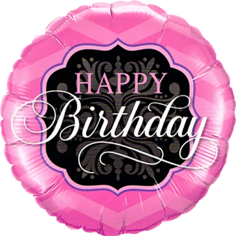Folienballon in pink und schwarz mit der Aufschrift Happy Birthday