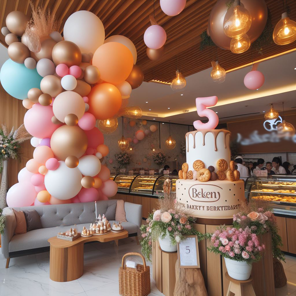 Moderne Ballongirlande zur Feier des 5-jährigen Firmenjubiläums der Bäckerei