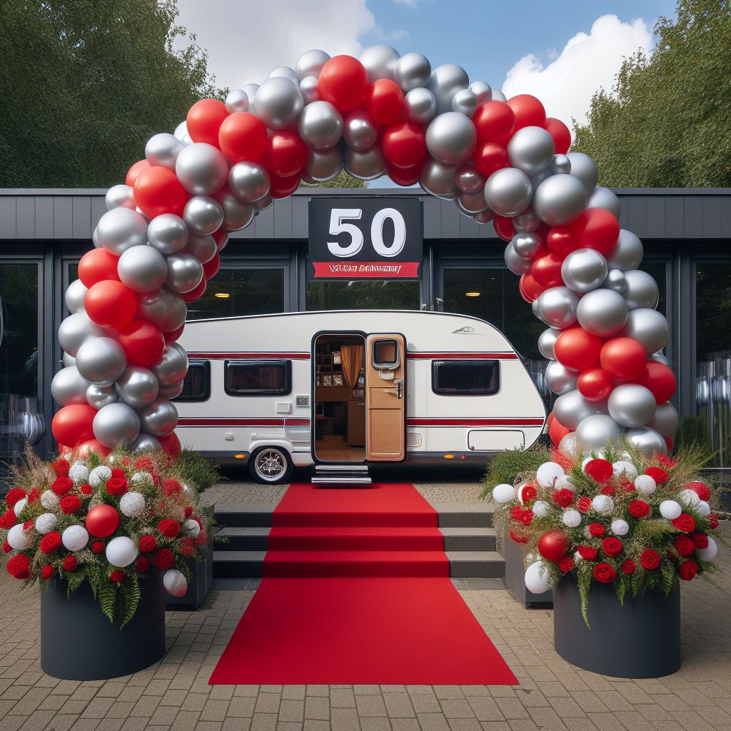 Festlicher Ballonbogen zur Feier des 50-jährigen Jubiläums von Caravan und Wohnmobil