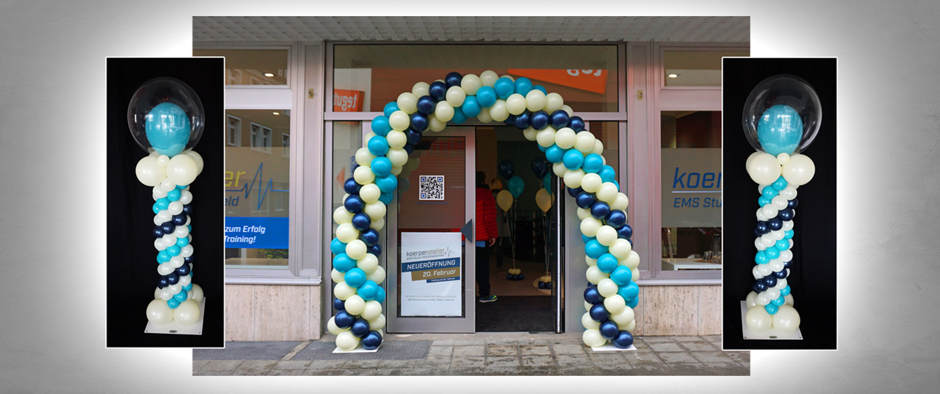 Ballondekoration mit Ballonbogen für die Neueröffnung des Fitnessstudios in Marktheidenfeld