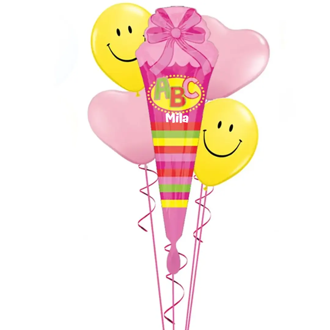 Farbenfrohes Smiley-Ballon-Bouquet mit Schultüte für den Schulanfang, perfekt als Geschenk zur Einschulung