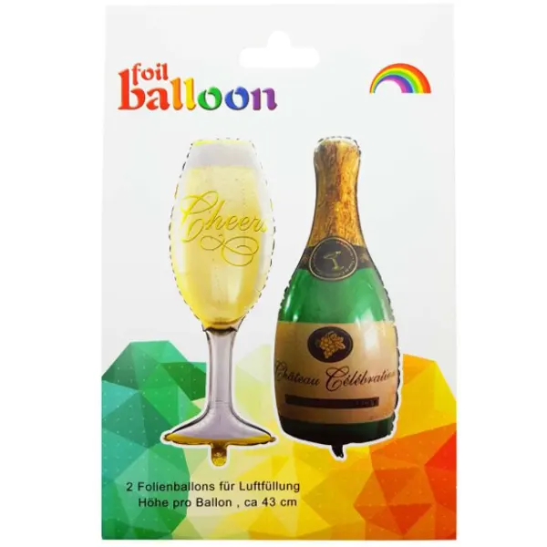 Folienballon Sektflasche Flasche und Glas – Festlicher Folienballon in Form einer Sektflasche mit einem Glas, ideal für Jubiläen, Hochzeiten oder Feiern, um besondere Momente gebührend zu feiern.