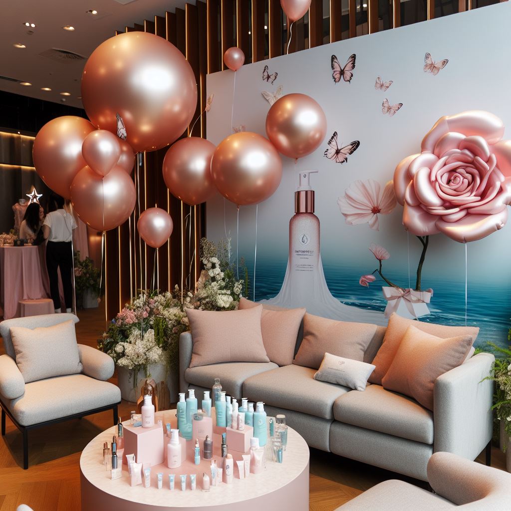Heliumballons als Teil der Ballondekoration für die Produkteinführung eines Parfums, bereitgestellt vom Ballon-Deko-Service.