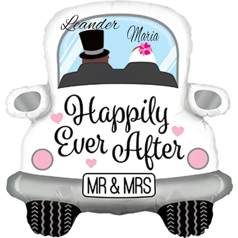 Ein bezaubernder Folienballon in Form eines Hochzeitsautos mit der Aufschrift "Happily Ever After". Perfekt für Hochzeiten, um dem besonderen Tag eine festliche Note zu verleihen.
