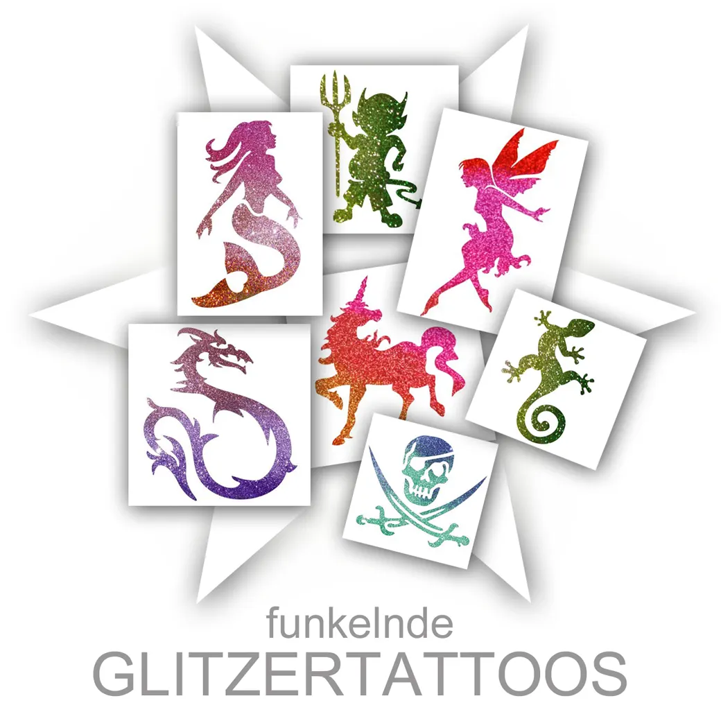 Glitzertattoos – Funkelnde, temporäre Tattoos für Events, Partys und besondere Anlässe. Hautfreundlich und in vielen Designs erhältlich.