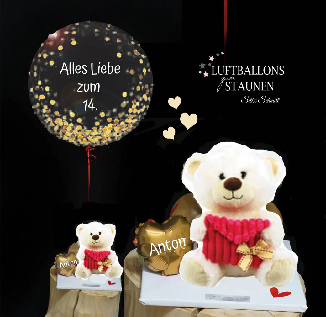 Ein herzerwärmendes Heliumherz mit Teddy Bär, personalisierbar für besondere Momente. Der kuschelige Bär kommt mit einem Briefumschlag, perfekt für kleine Geldgeschenke. Bärengröße: ca. 20 cm Höhe. Gesamthöhe: ca. 1 m.
