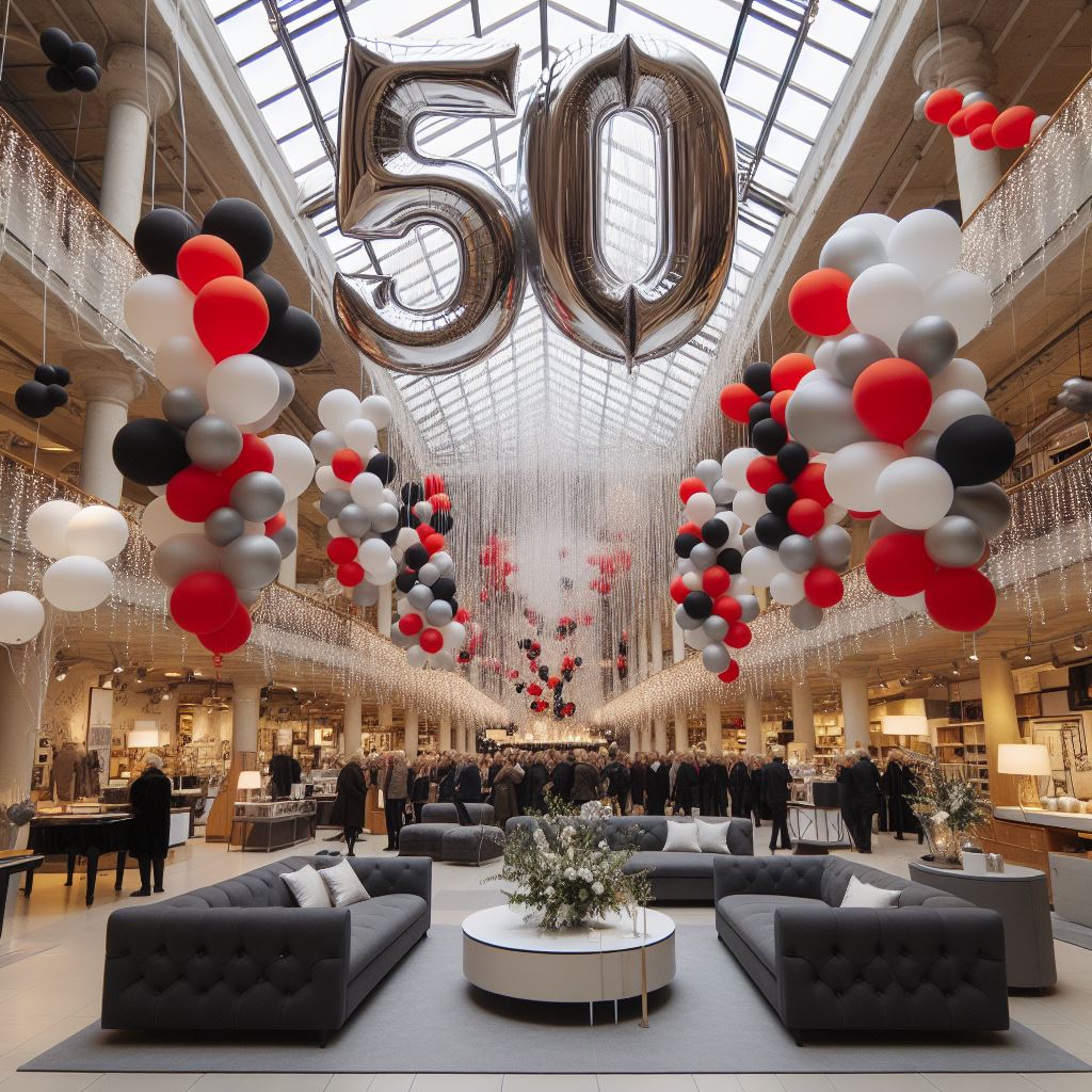 Festliche Ballondekoration zur Feier des 50. Firmenjubiläums im Einkaufszentrum