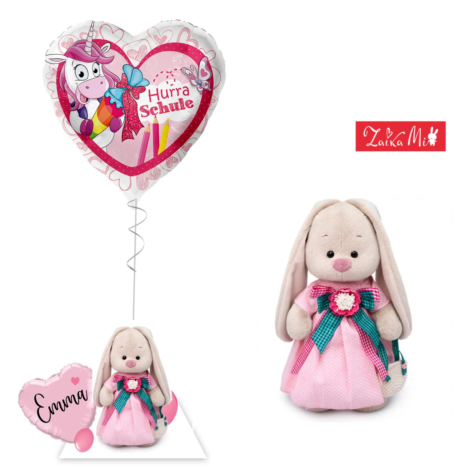 Personalisierbares Ballon-Arrangement mit Zaika Mi Kuschelhase und Ballon "Hurra, Schule" – ein individuelles Geschenk für den Schulstart.