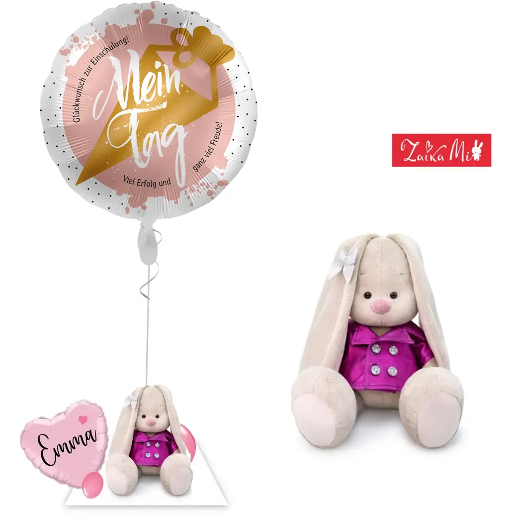 Personalisierbares Ballon-Arrangement mit Zaika Mi Kuschelhase und rosa Ballons – mit individuellem Namen für besondere Anlässe.