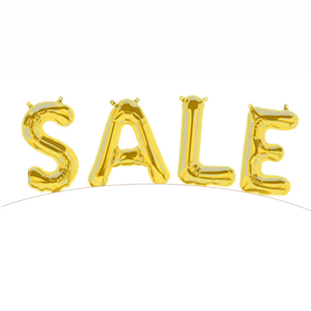 Ballon-Schriftzug Gold SALE XXL schwebend – Großer, auffälliger Ballon-Schriftzug SALE in lebendigen Farben, ideal für Verkaufsaktionen und Sonderangebote, um die Aufmerksamkeit von Kunden zu gewinnen.