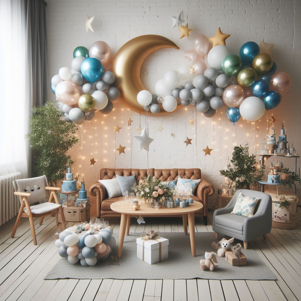 Entzückende Ballon-Dekoration für Baby-Geburtsfeiern. Lassen Sie sich von unseren kreativen Ballonwolken und Mond-Designs inspirieren!