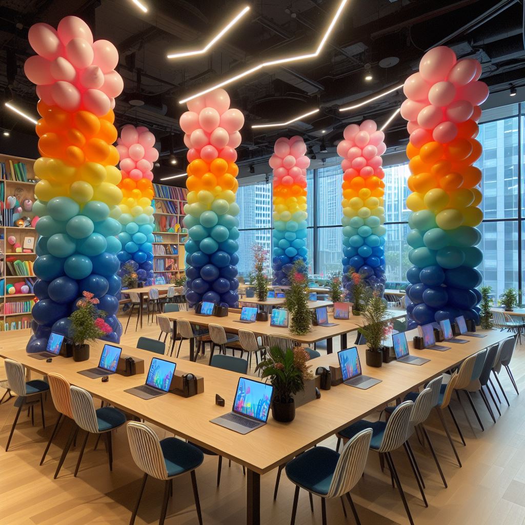 Farbenfrohe Ballonsäulen für einen Workshop Firmenevent mit Ballondekoration vom Ballon-Deko-Service