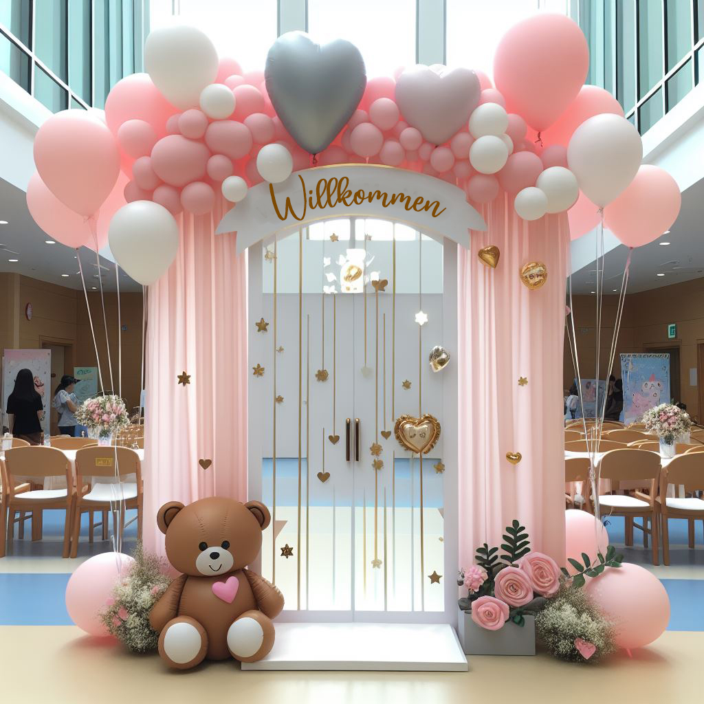 Ein süßer Teddybär begrüßt die Besucher durch das Ballontor mit Ballonbogen, bereitgestellt vom Ballon-Deko-Service für den Aktionstag.
