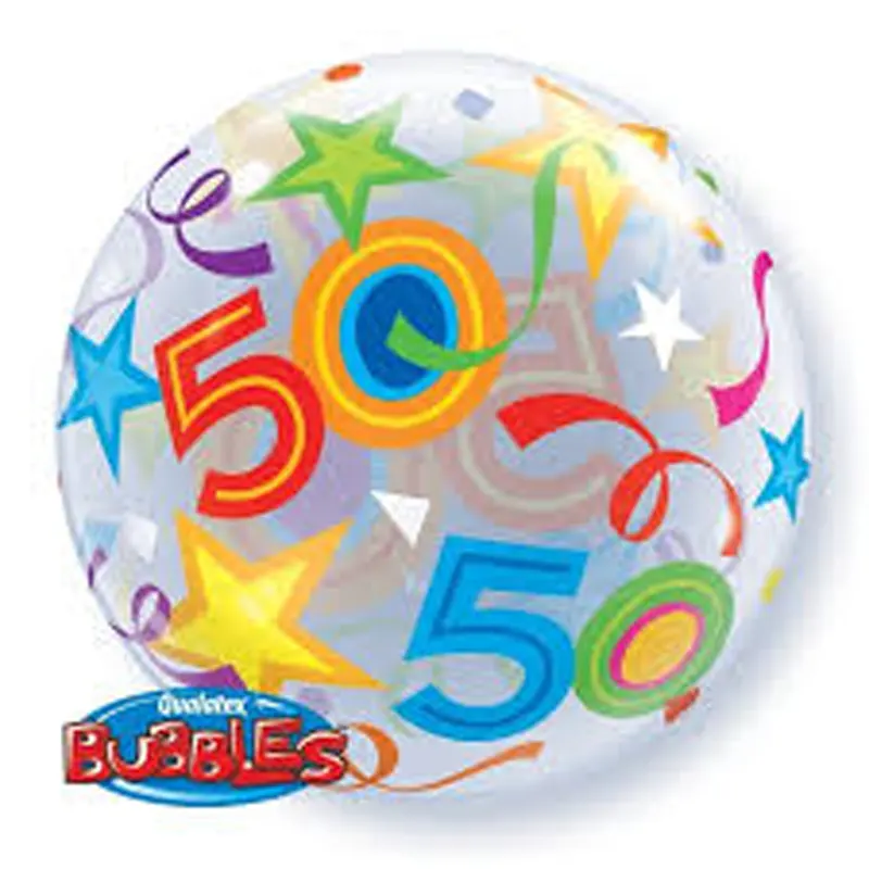 Transparenter Bubble-Ballon mit der aufgedruckten Zahl "50", ideal für den 50. Geburtstag. Eine elegante und moderne Dekoration, die dem Fest eine besondere Note verleiht.