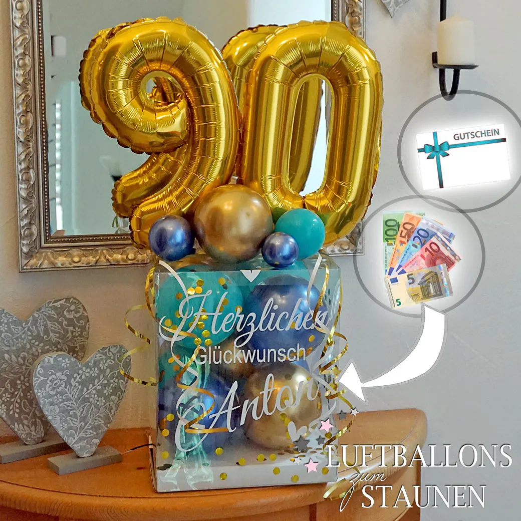 Personalisierte Ballon-Geschenk-Box mit individueller Beschriftung und Geburtstagszahl"