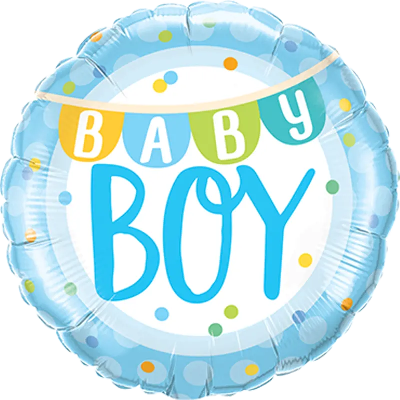 Folienballon Rund Baby Boy Banner – Runder Folienballon mit einem fröhlichen Banner und der Aufschrift „Baby Boy“, perfekt zur Begrüßung eines neugeborenen Jungen oder für Babypartys.