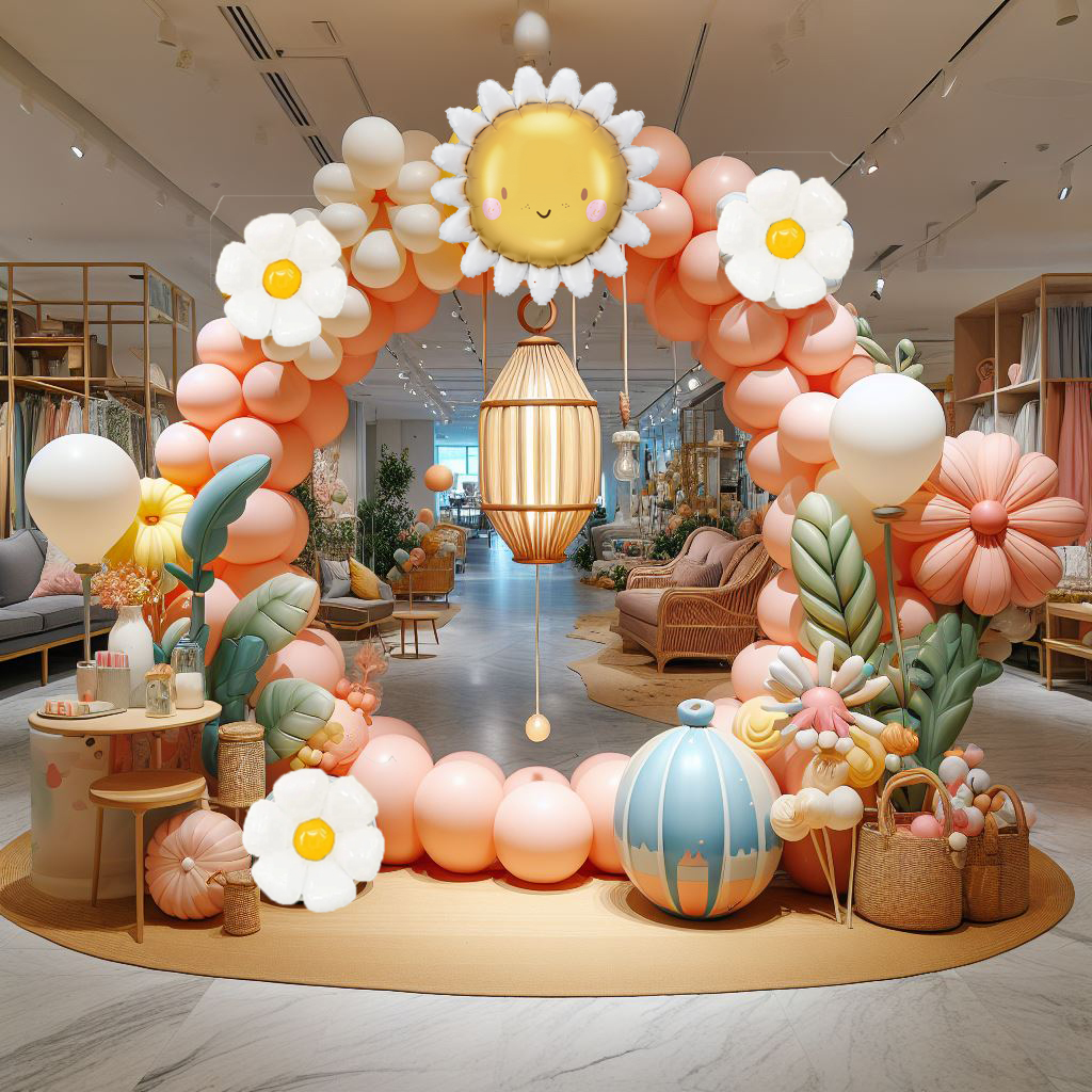 Ein Ballonbogen und ein Ballonkreis als Teil der Sommer-Jahreszeiten-Dekoration im Möbelhaus, bereitgestellt vom Ballon-Deko-Service.