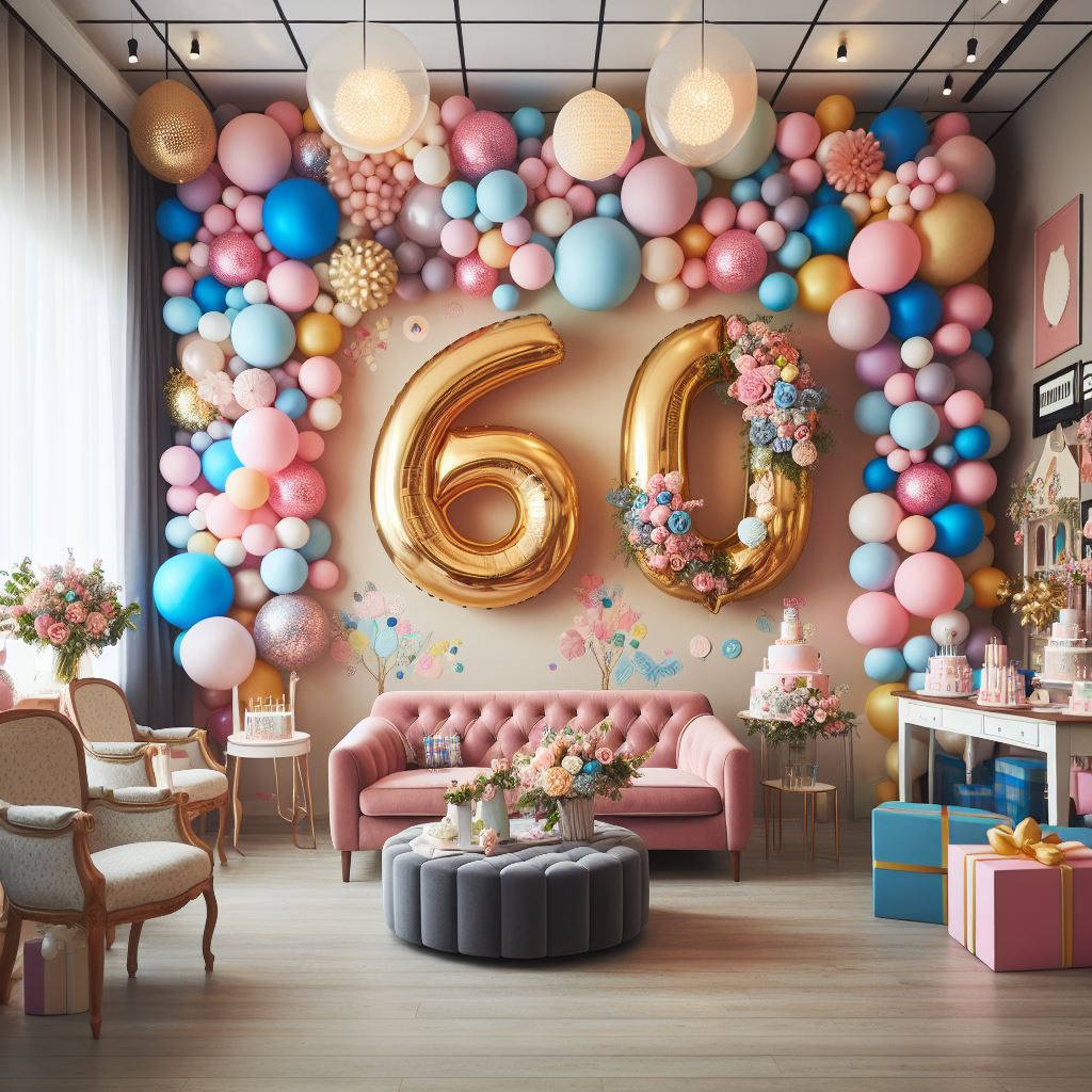 Bild eines bunten Ballonbogens zur Dekoration eines 60. Geburtstags. Die farbenfrohe Dekoration bringt Freude und Lebenslust in die Feier und verleiht dem besonderen Jubiläum einen festlichen Glanz. Dekoservice für besondere Anlässe.
