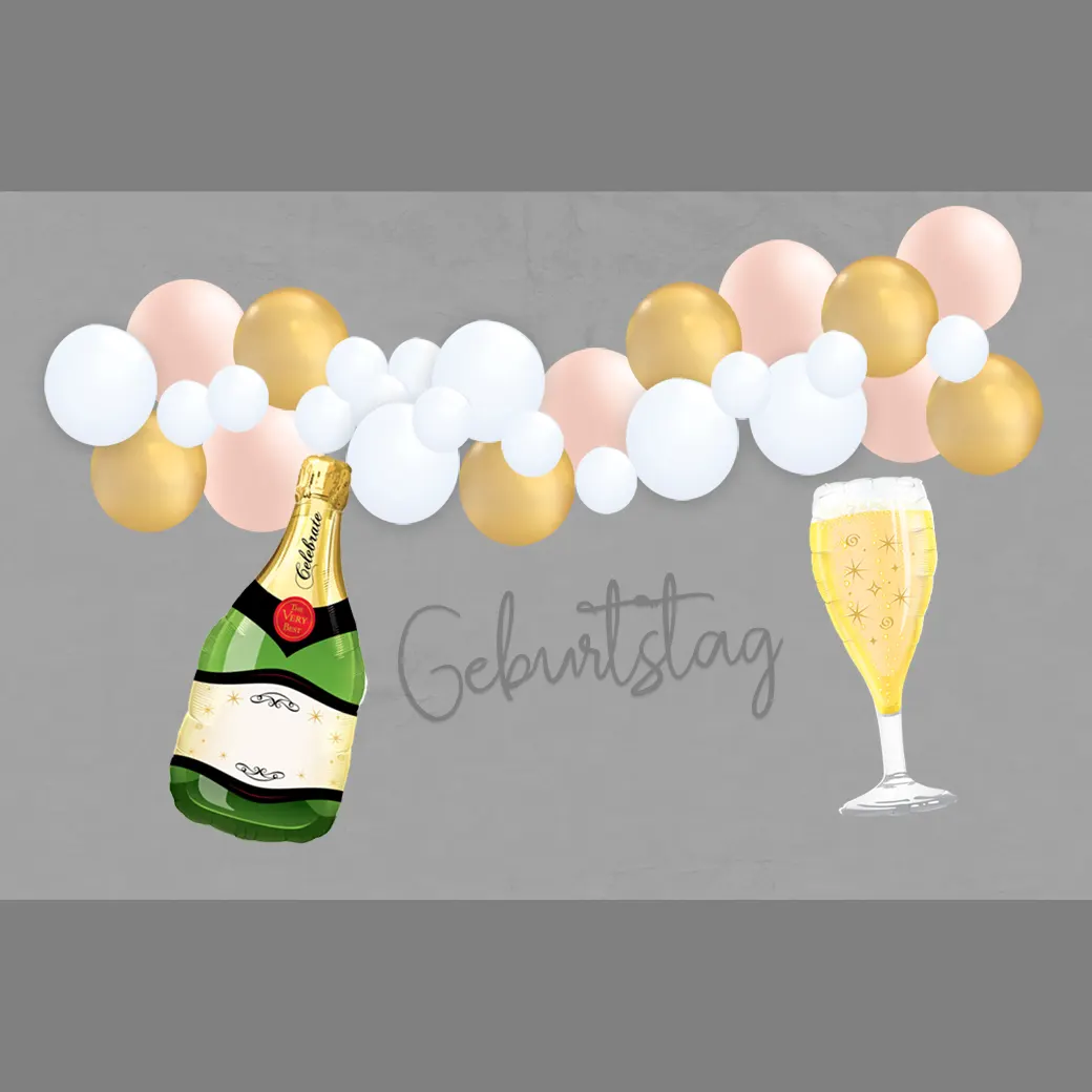 Elegantes Ballon-Girlanden-Set zum Geburtstag mit Champagner-Motiv – die perfekte Dekoration für stilvolle Geburtstagsfeiern mit einem Hauch Glamour.