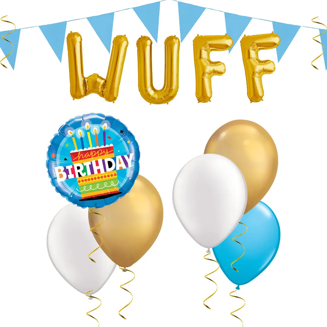 Ballon-Set "WUFF - Happy Birthday" mit lustigen Hundefiguren und bunten Geburtstagsballons, perfekt für eine tierisch gute Feier.
