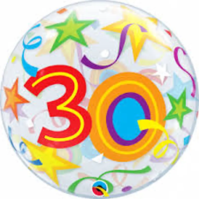 Transparenter Bubble-Ballon mit der aufgedruckten Zahl "30", ideal für den 30. Geburtstag. Eine elegante und moderne Dekoration, die dem Fest eine besondere Note verleiht.