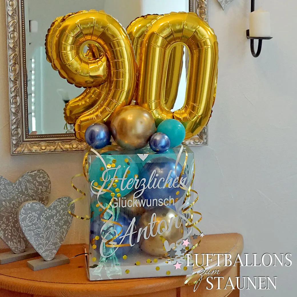 Personalisierte Ballon-Geschenk-Box mit individueller Beschriftung und Geburtstagszahl