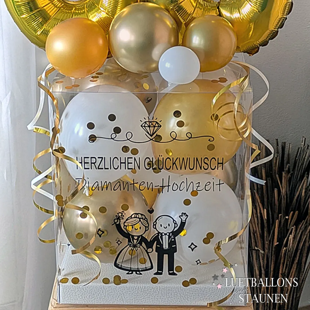 Ballon-Geschenk-Box zur Silberhochzeit, Goldhochzeit oder Diamantenhochzeit, dekoriert mit personalisierten Ballons und eleganten Akzenten.