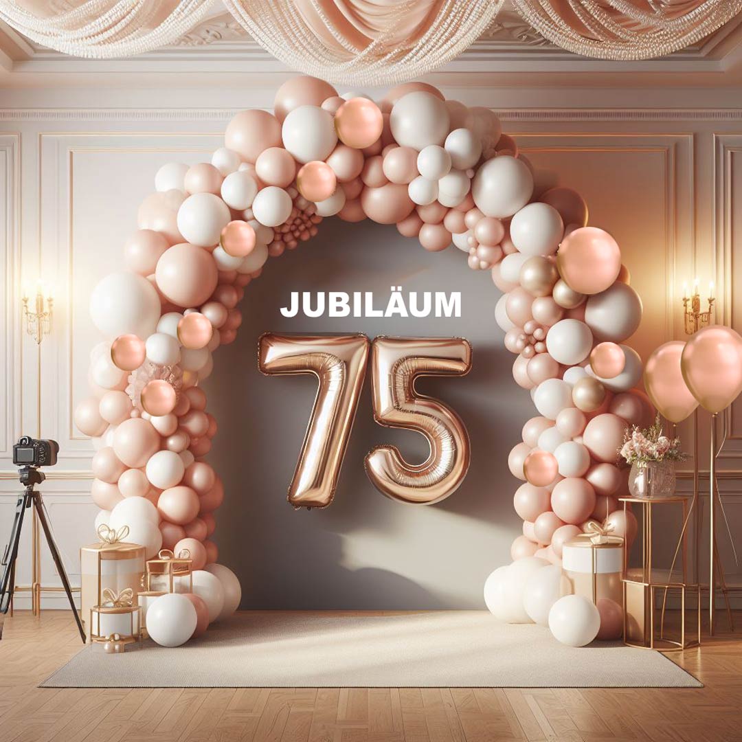 Ein ansprechender Chrom-Rose Ballonbogen dient als edler Fotohintergrund beim 75jährigen Firmenjubiläum