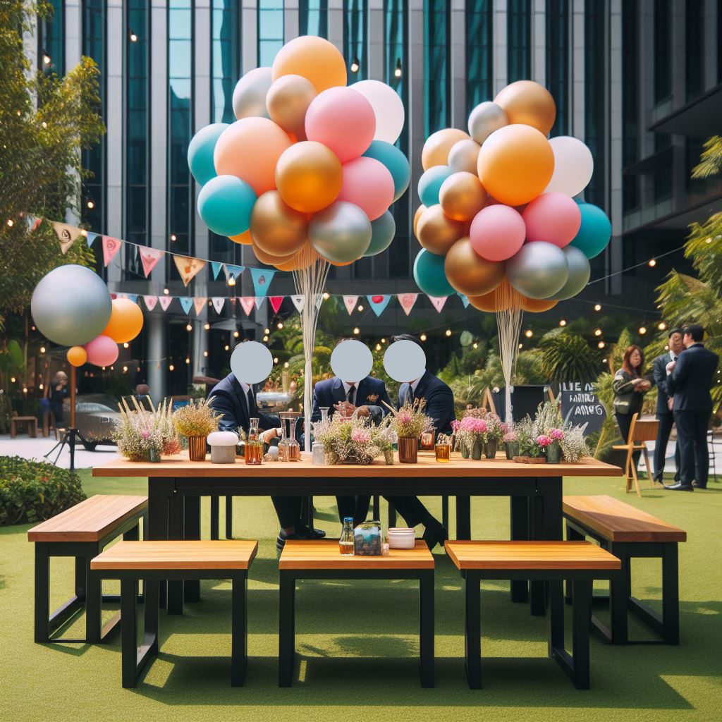 Heliumballons im Freien schmücken das Betriebsfest und die Firmenveranstaltung, angeboten vom Ballon-Deko-Service.