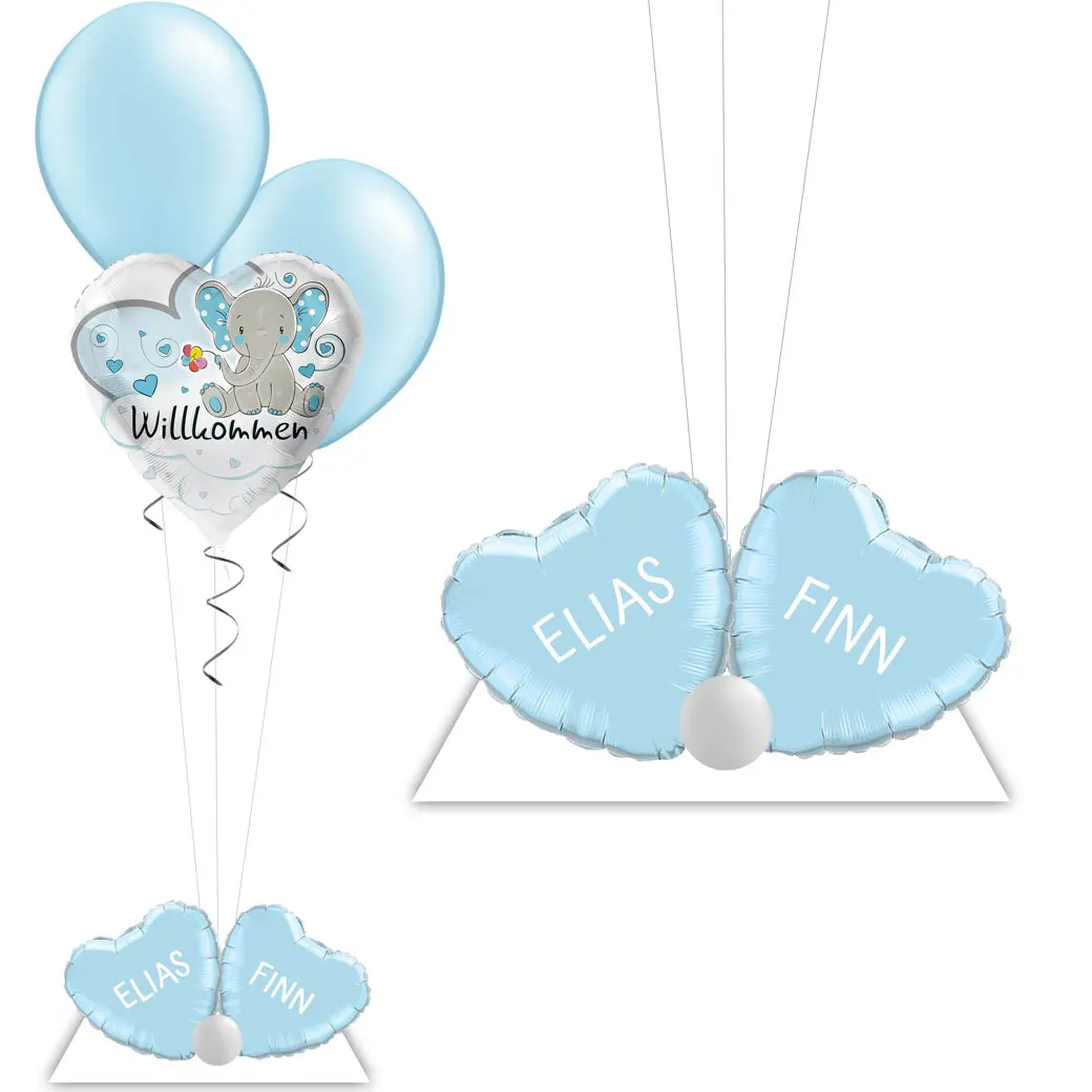 Festliches Ballon-Arrangement zur Geburt von Zwillingen, ideal zur Begrüßung der beiden neuen Erdenbürger.