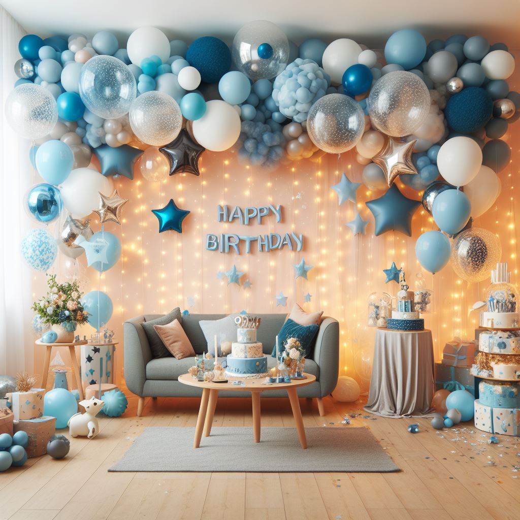 Bild einer festlichen Ballongirlande Dekoration für einen Kindergeburtstag. Die blaue 'Happy Birthday' Botschaft verleiht der Feier eine fröhliche Atmosphäre und macht den Tag unvergesslich. Dekoservice für besondere Anlässe.