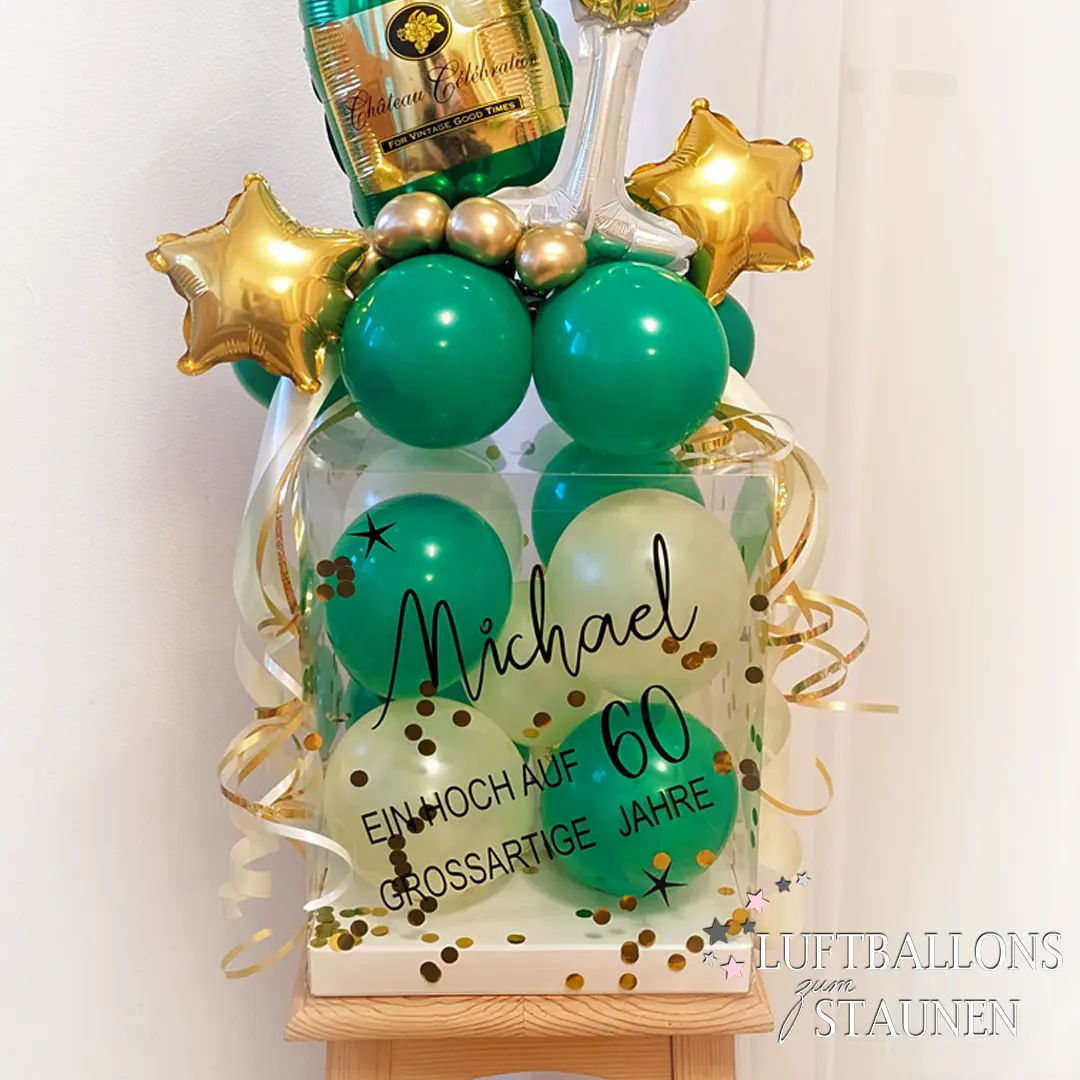 Exklusive Geschenkidee: Ballon-Geschenk-Box mit Sektflasche und Sektglas