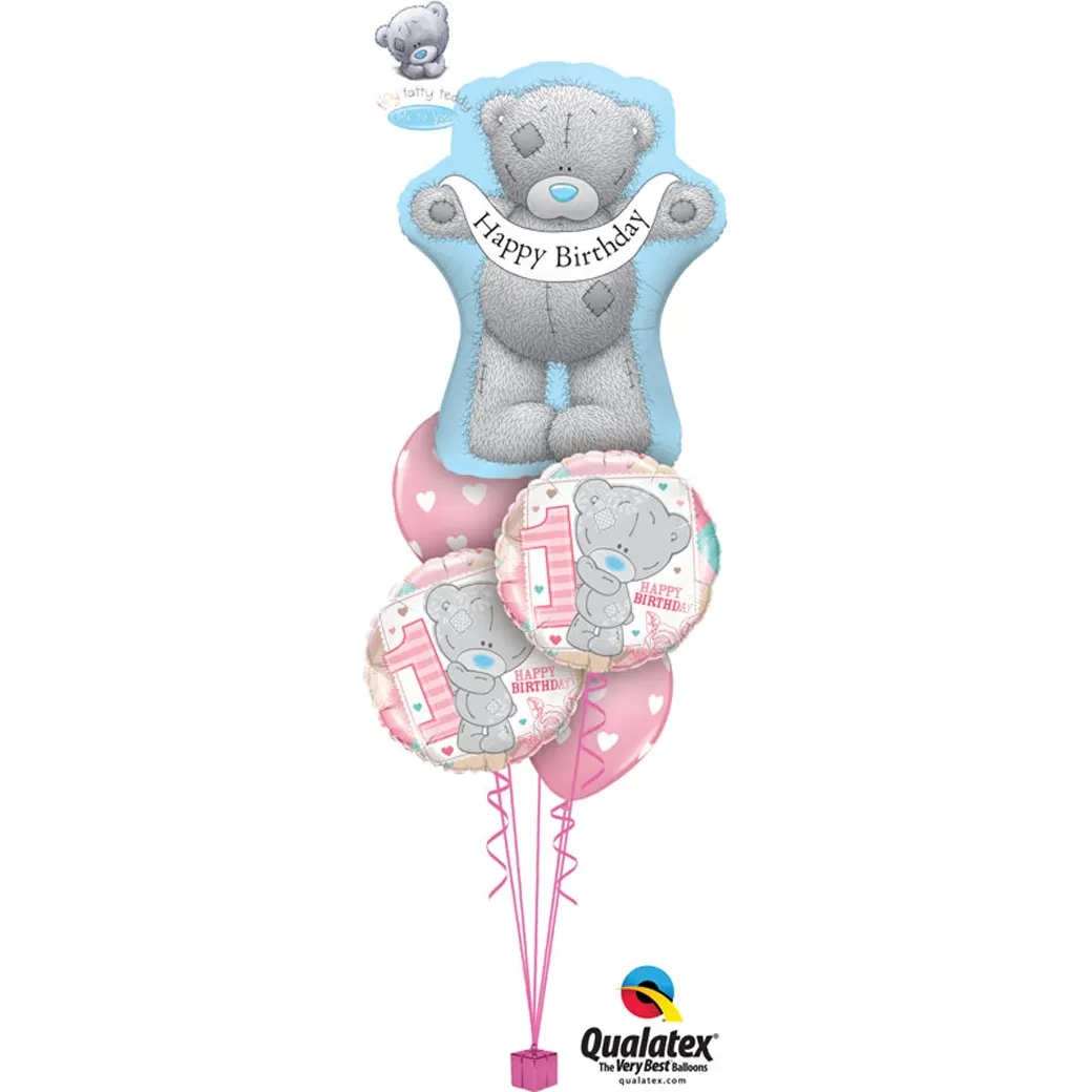 Fröhliches Ballon-Bouquet mit Tatty Teddy für den 1. Geburtstag, ideal als Geschenk oder Dekoration zur Feier des ersten Jahrestages.