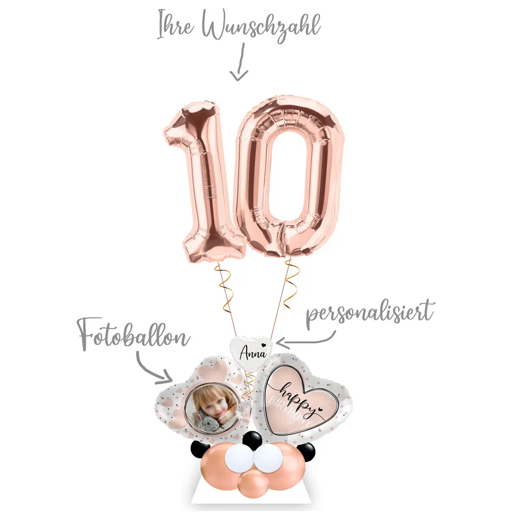 Personalisiertes Fotoballon-Arrangement mit deiner Wunschzahl, ideal für Geburtstagsfeiern, Jubiläen oder andere besondere Ereignisse. Gestaltet mit einem Foto und individueller Zahl, macht dieses Arrangement dein Event unvergesslich.