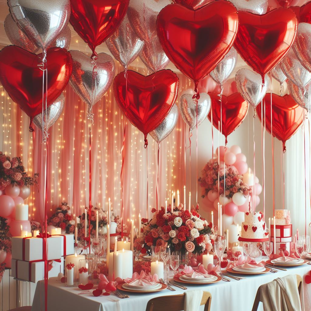 Bild von roten Folienherzen mit Helium als Geburtstagsdekoration. Die liebevoll gestalteten Herzen schaffen eine warme und liebevolle Atmosphäre für Ihre Feier. Dekoservice für besondere Anlässe.