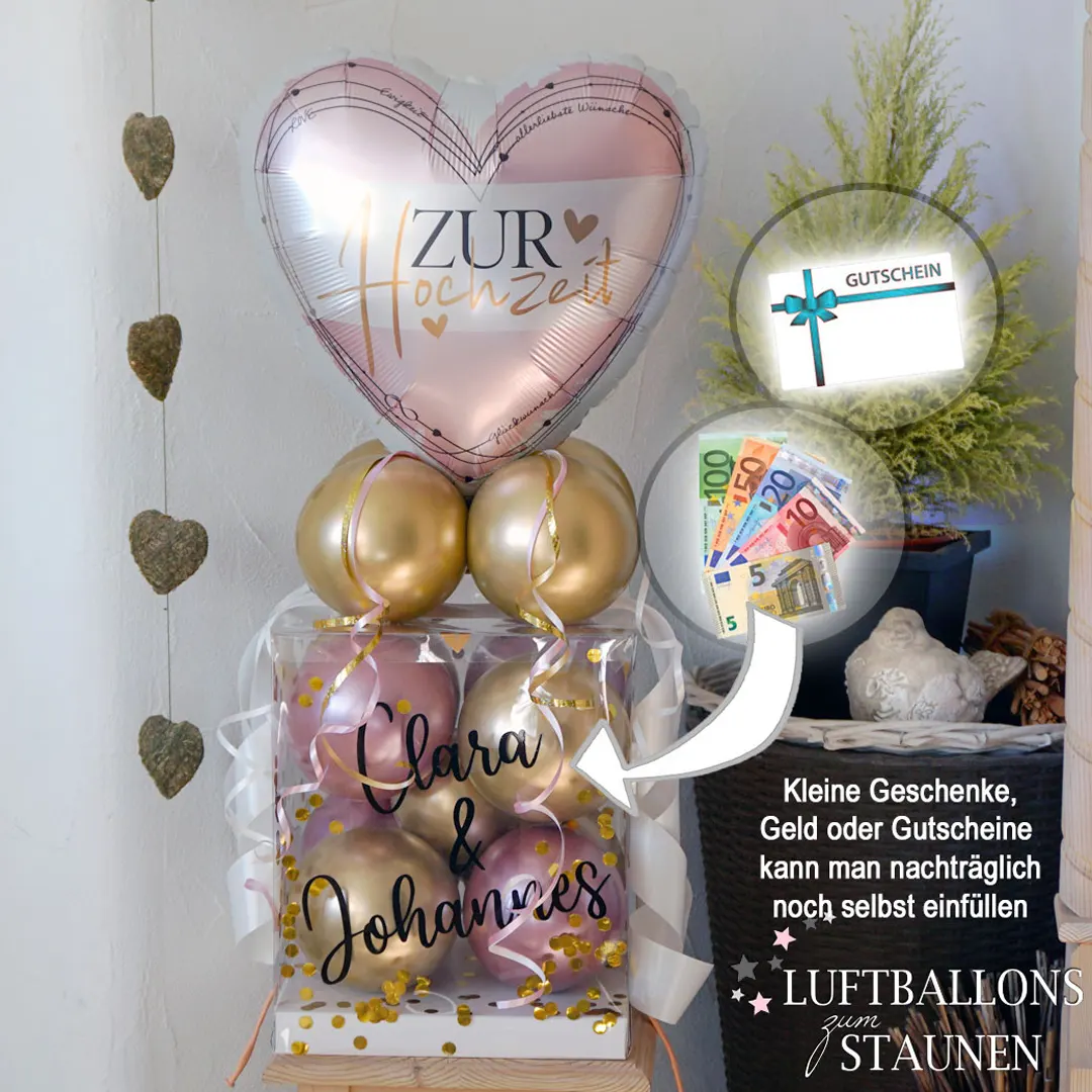 Personalisierte Ballon-Geschenkbox zur Hochzeit in chrome mauve & gold